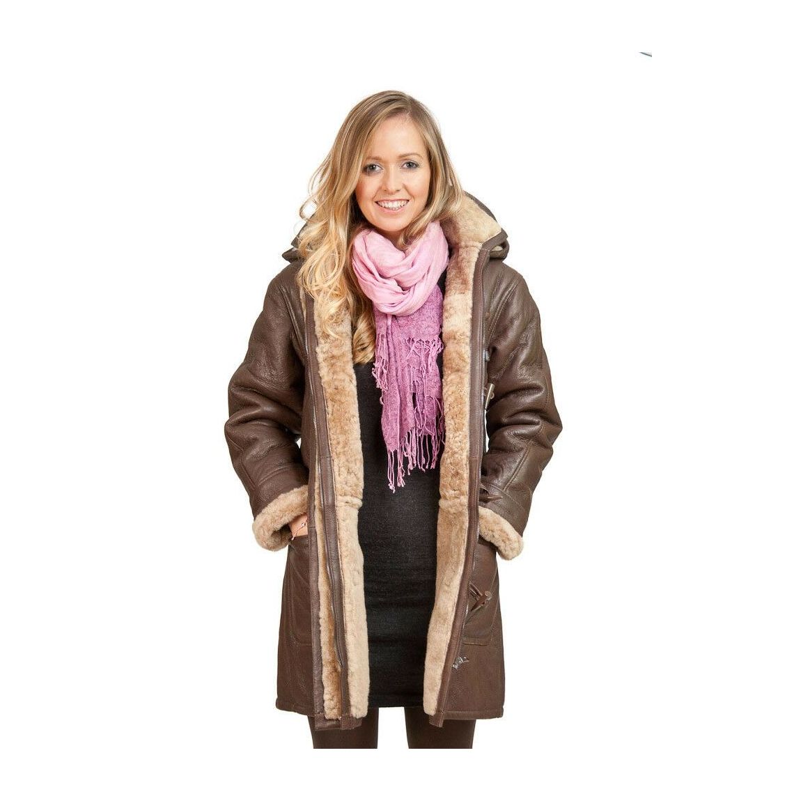 Womens Brown Shearling Hooded Duffle Coat-Rugby main product photo