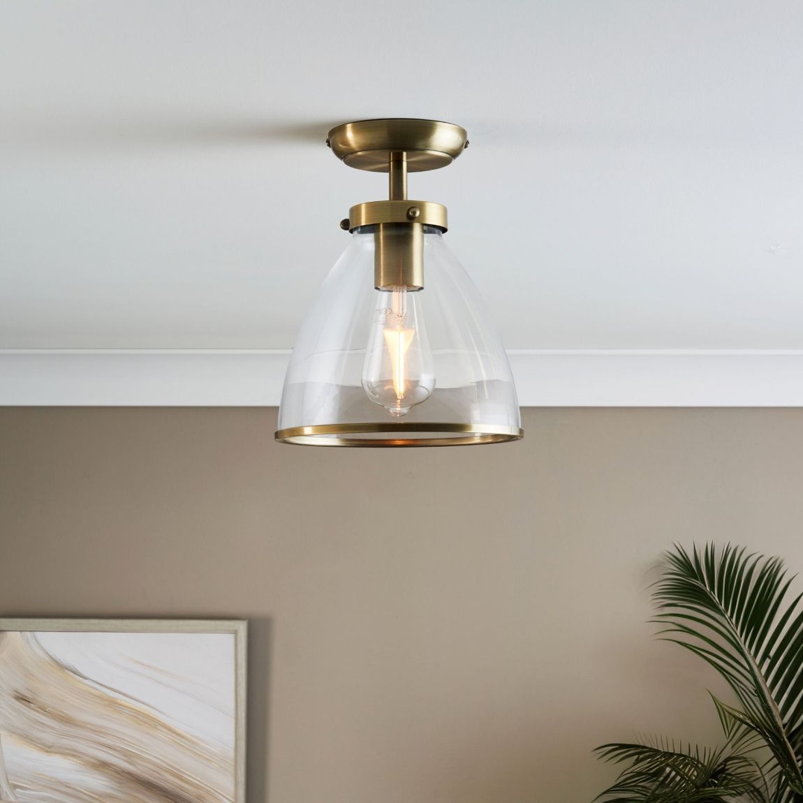 Brunswick Antique Brass & Glass Flush Ceiling Light main product photo