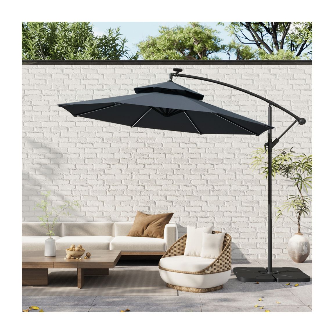 Double-Top Lighted Cantilever Parasol with HDPE Parasol Base 291cm - Dark Grey main product photo