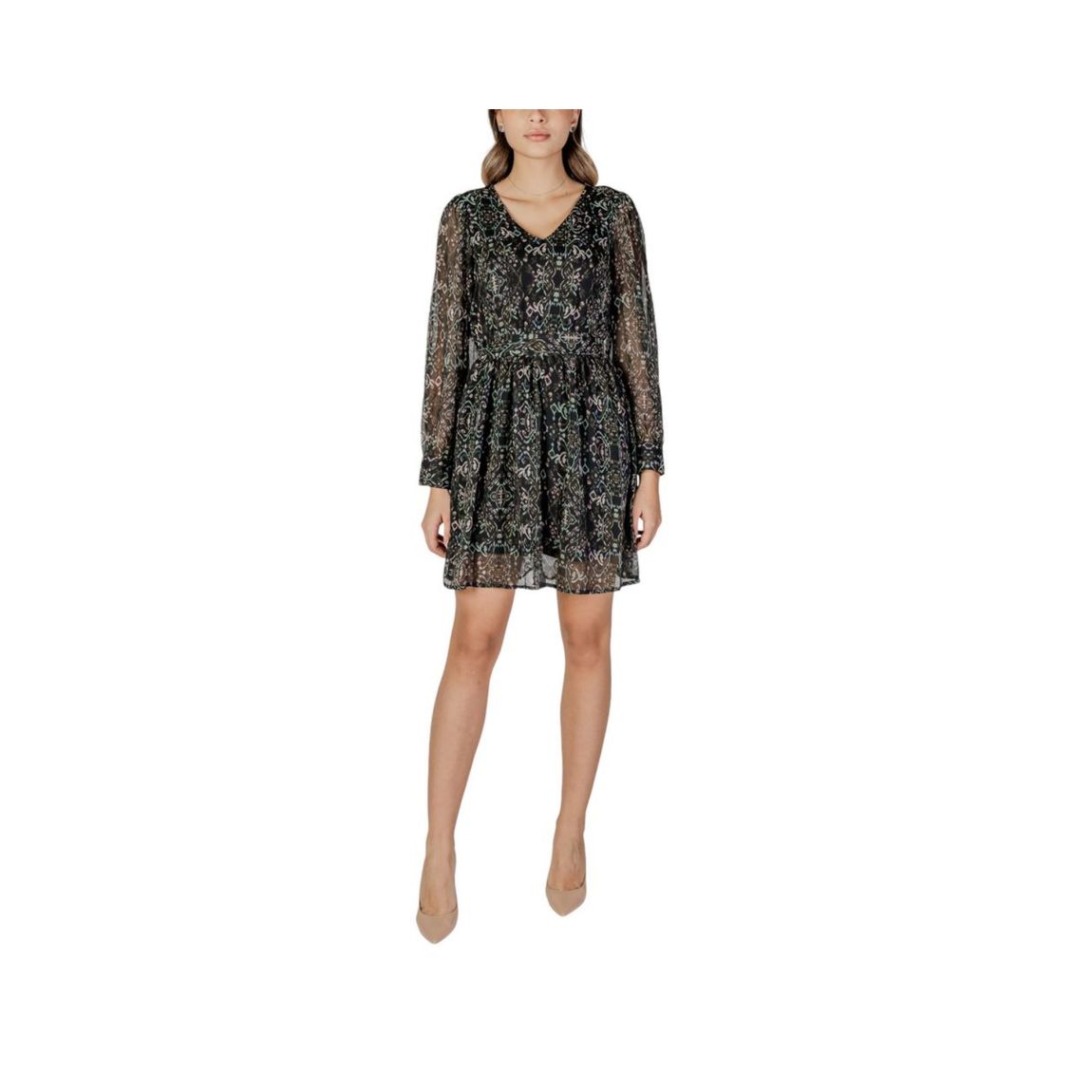 Printed Mini Dress Long Sleeves VNeck Wo - Black Dresses main product photo