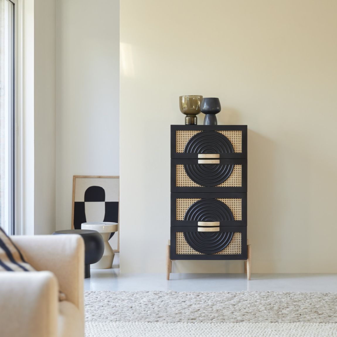Sina - Chest of drawers in black solid mango wood and rattan main product photo