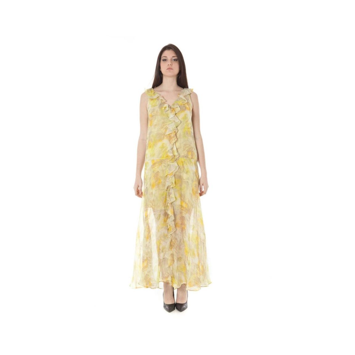 Floral Print Maxi Dress Sleeveless VNeck Wo - Yellow Dresses main product photo