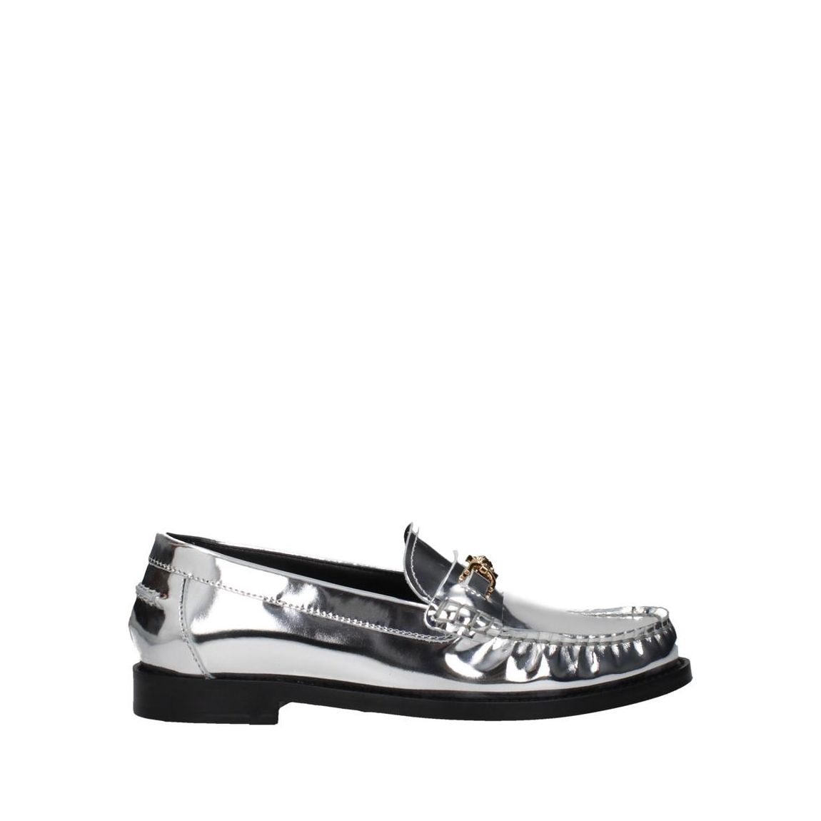 Leather Loafers with Front Logo and Metallic Effect - Gray main product photo