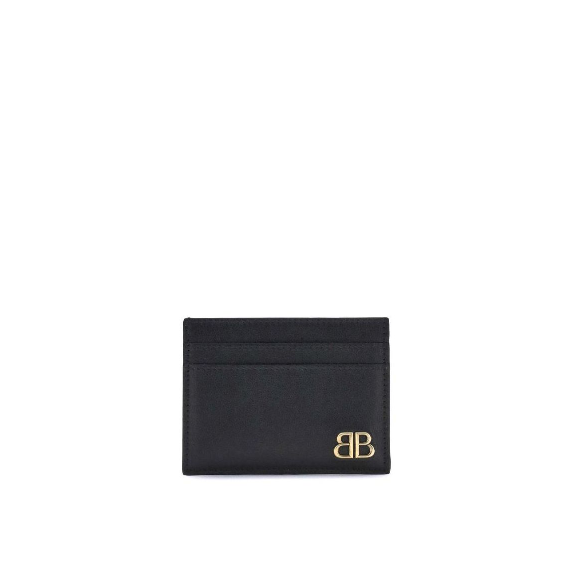 Monaco Leather Card Holder with Gold Logo Plaque - Black Wallets main product photo