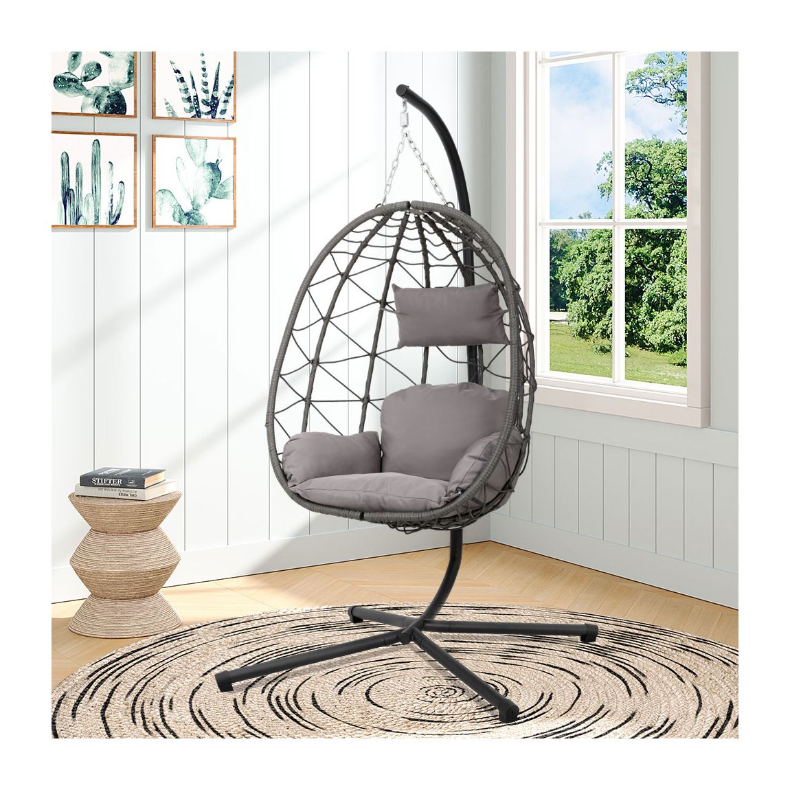 100cm Hanging Chair with Stand and Cushion - Black main product photo