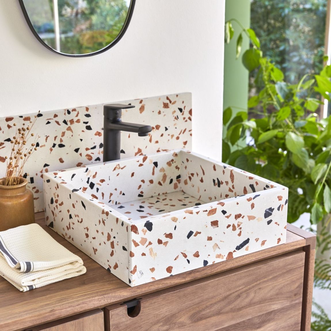Made - Square basin in brown premium terrazzo main product photo