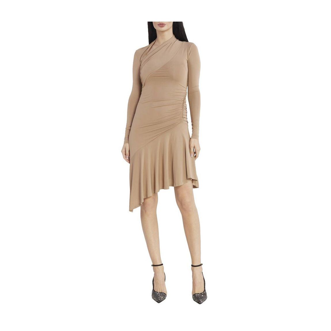 Crepe Cocktail Dress with Diagonal Cut Neckline and Asymmetrical Skirt main product photo