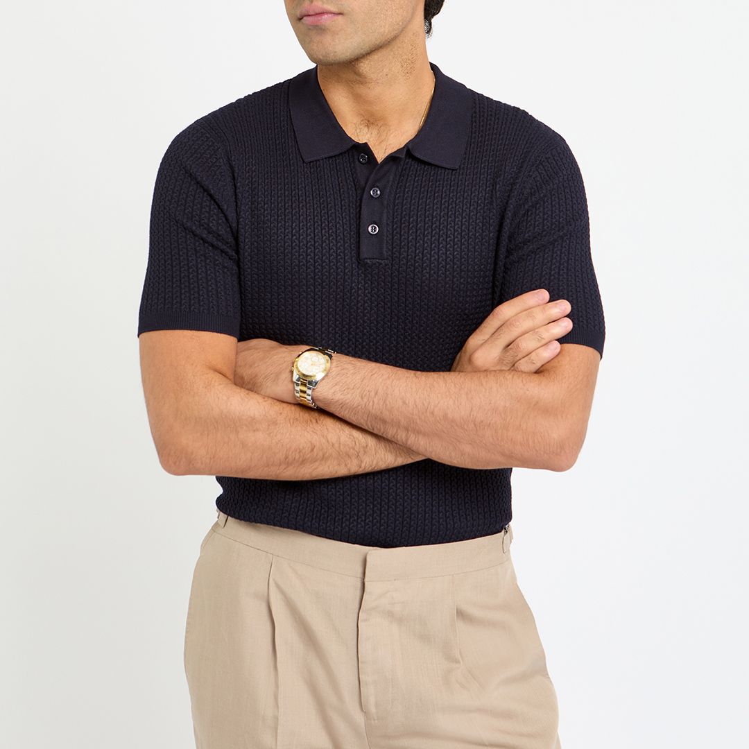 Gianni Feraud Navy Silk Blend Fine Cable Knit Polo Shirt - BrandAlley
