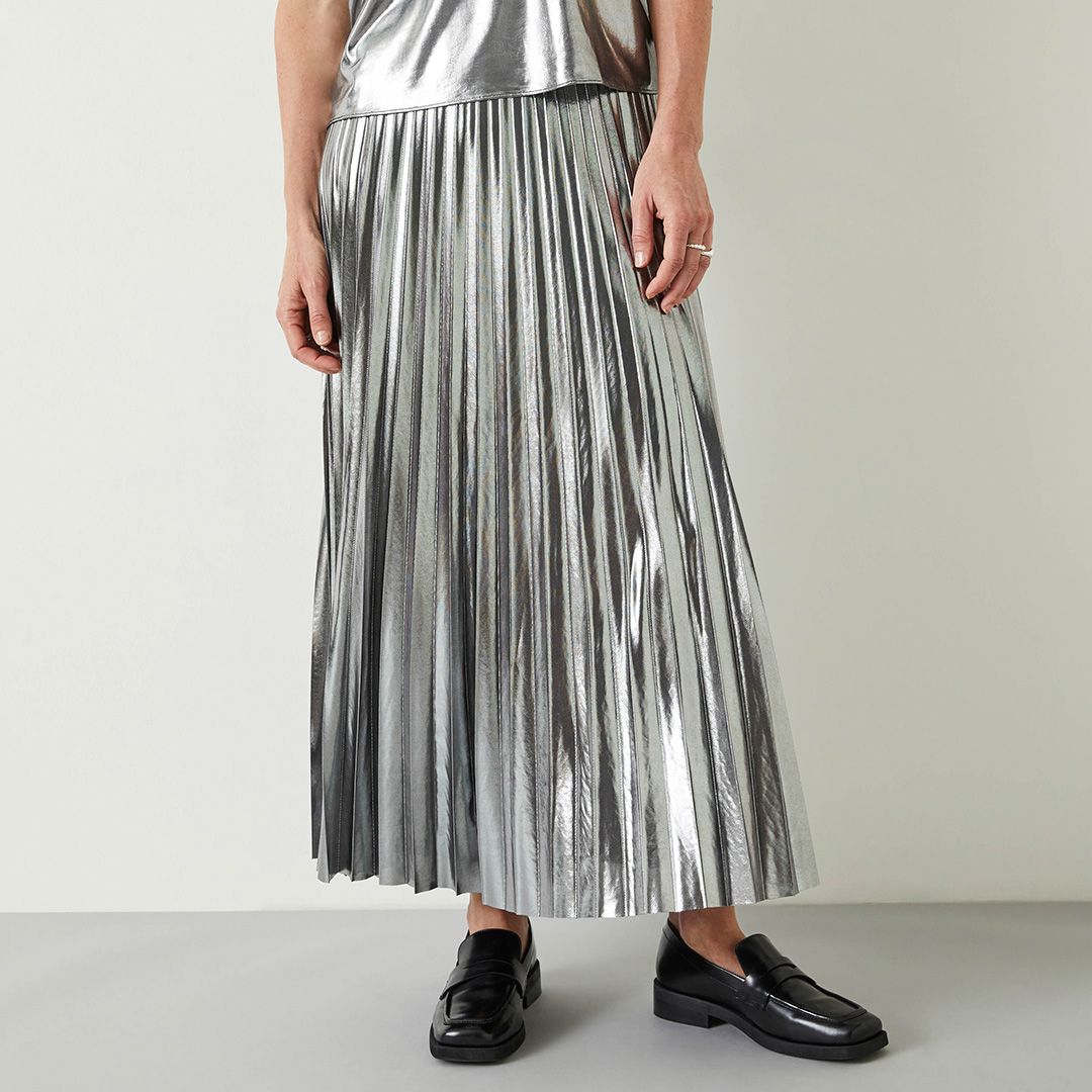 hush Silver Metallic Raven Pleated Maxi Skirt - BrandAlley