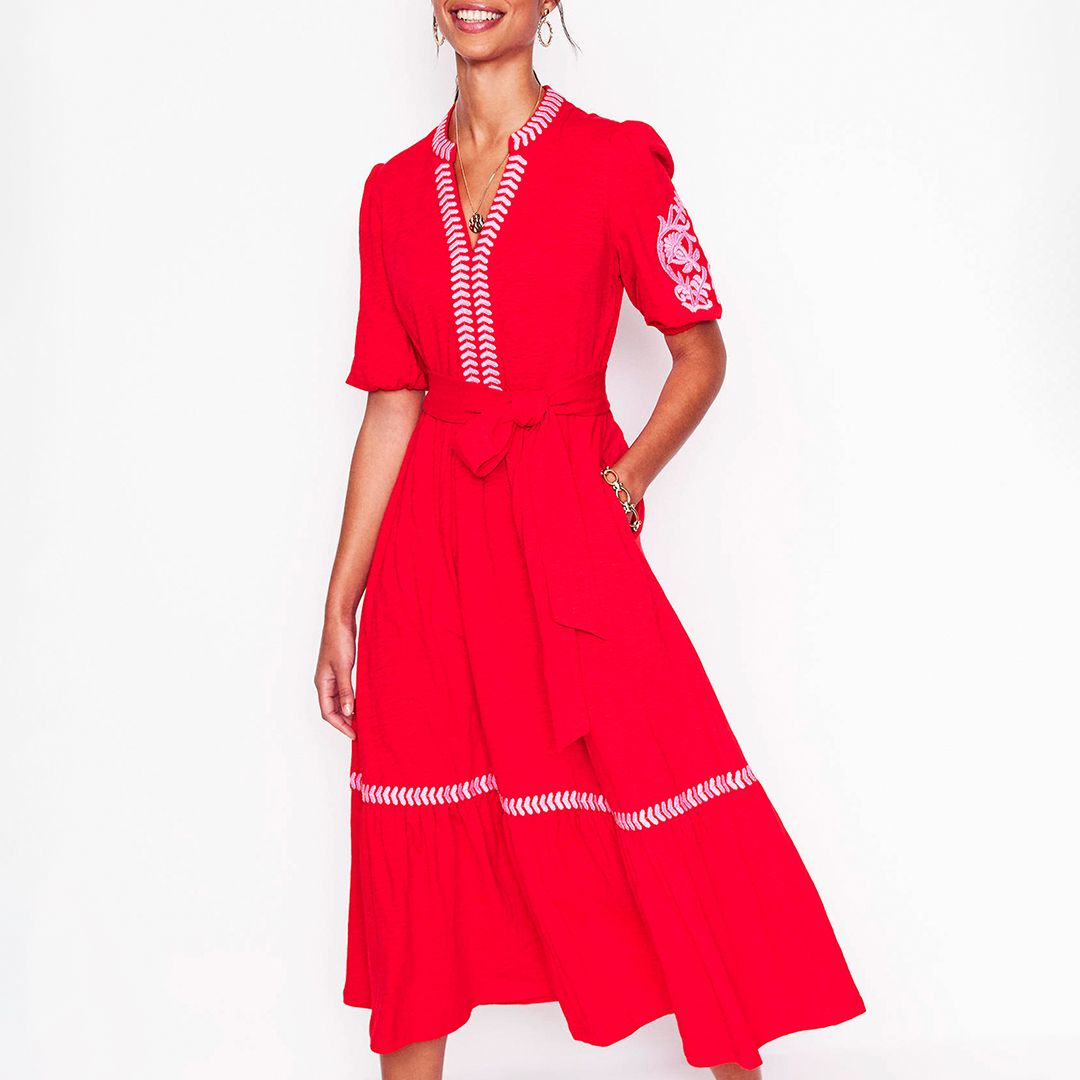 knee length dresses for ladies Ava Linen Blend Midi Dress-Multi Embroidery