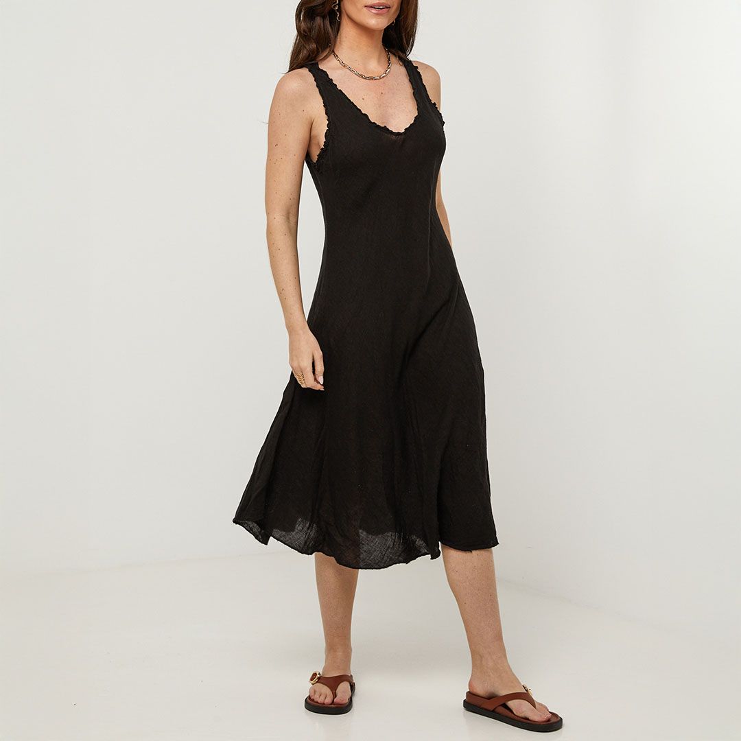 LE MONDE DU LIN Black Linen A Line Midi Dress - BrandAlley