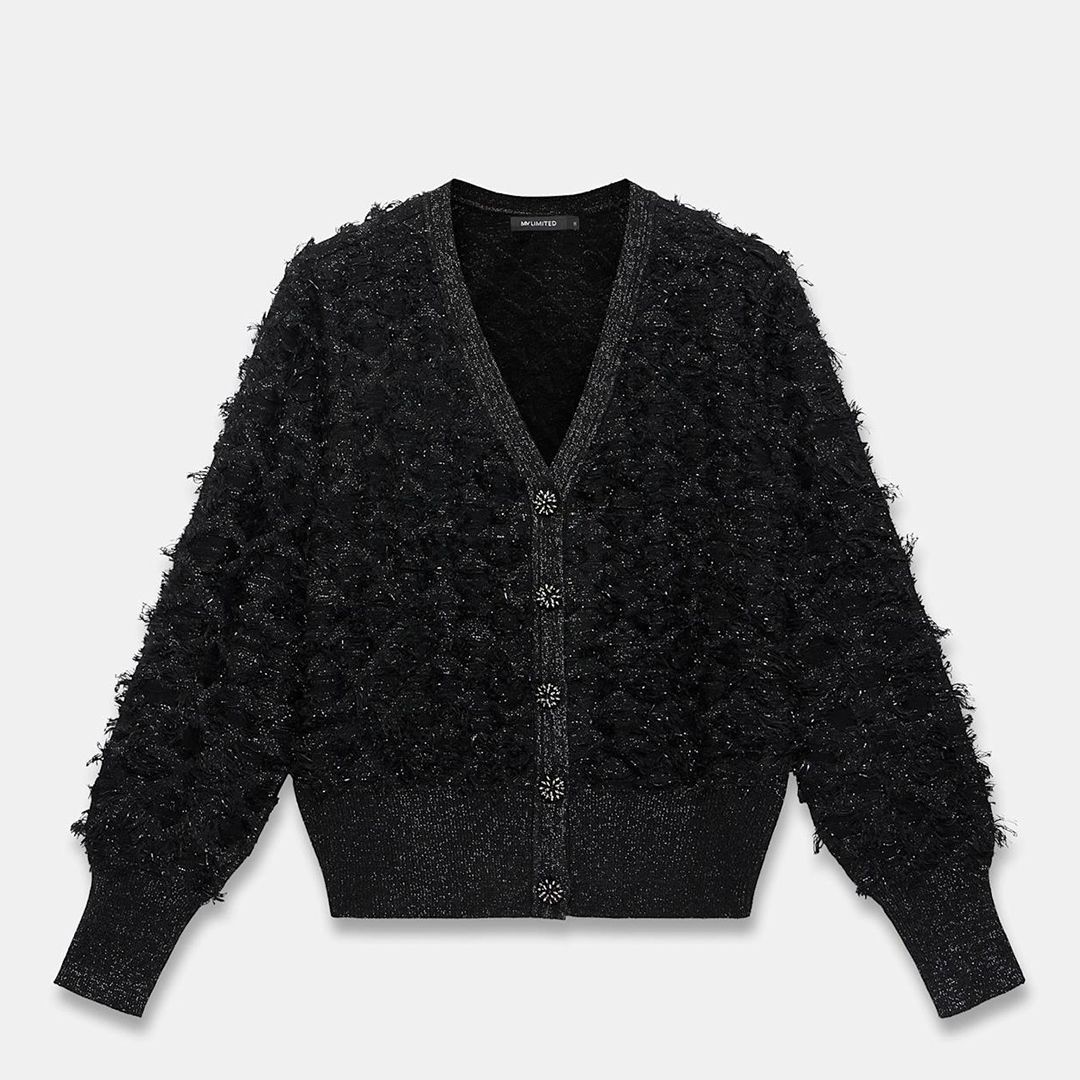 Mint Velvet Black V Neck Textured Wool Blend Cardigan - BrandAlley