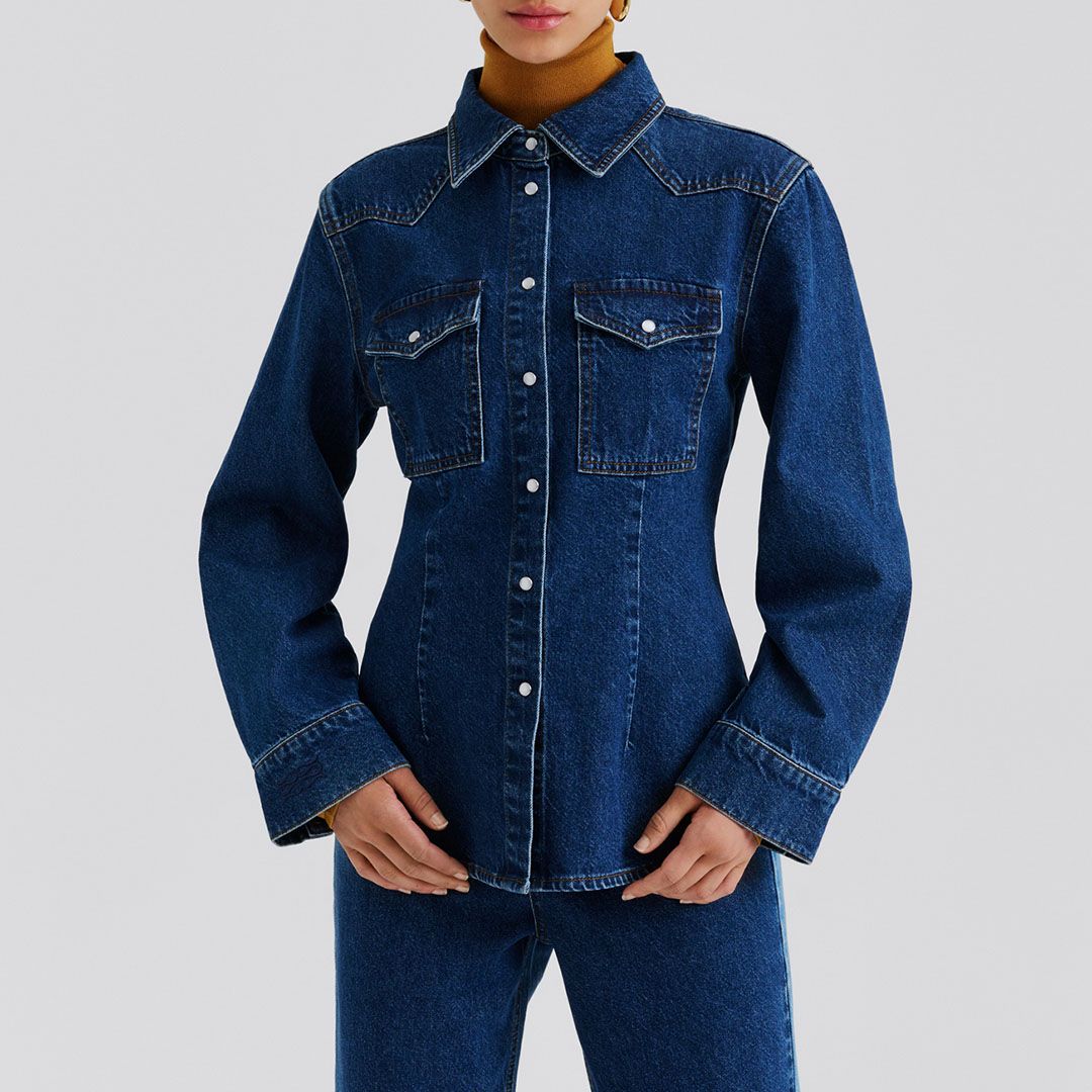 Malina Dark Blue Wash Anthea Fitted Waist Denim Shirt - BrandAlley
